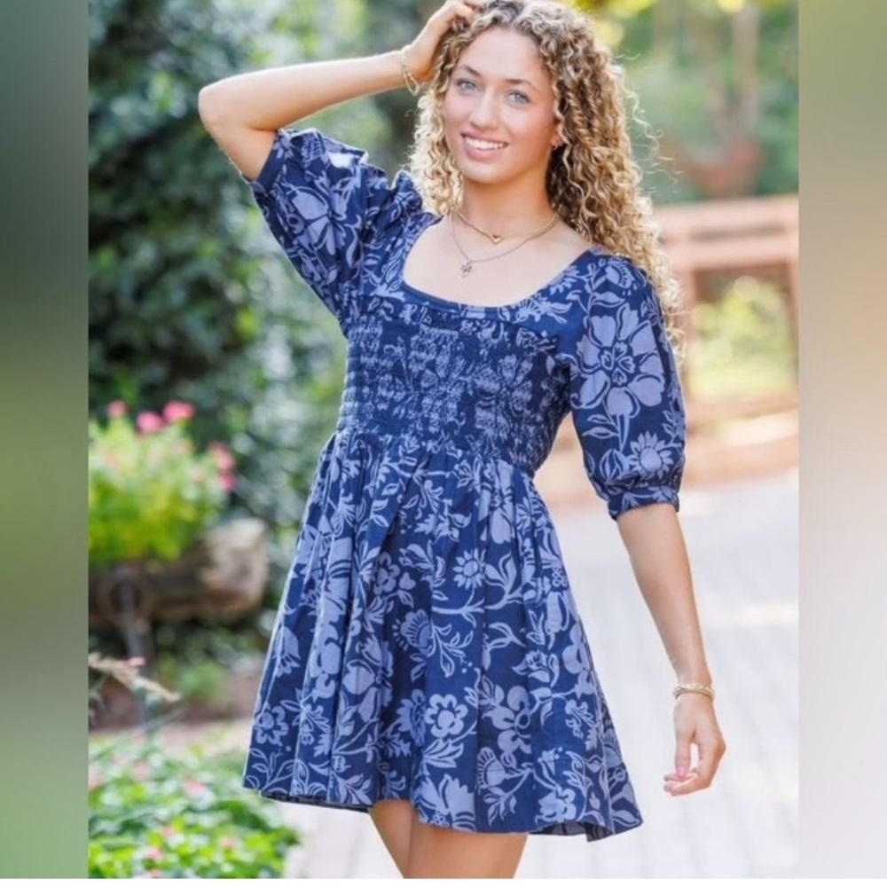 Free People Delilah Blue Floral Mini Dress with Cutout Detail Size Large